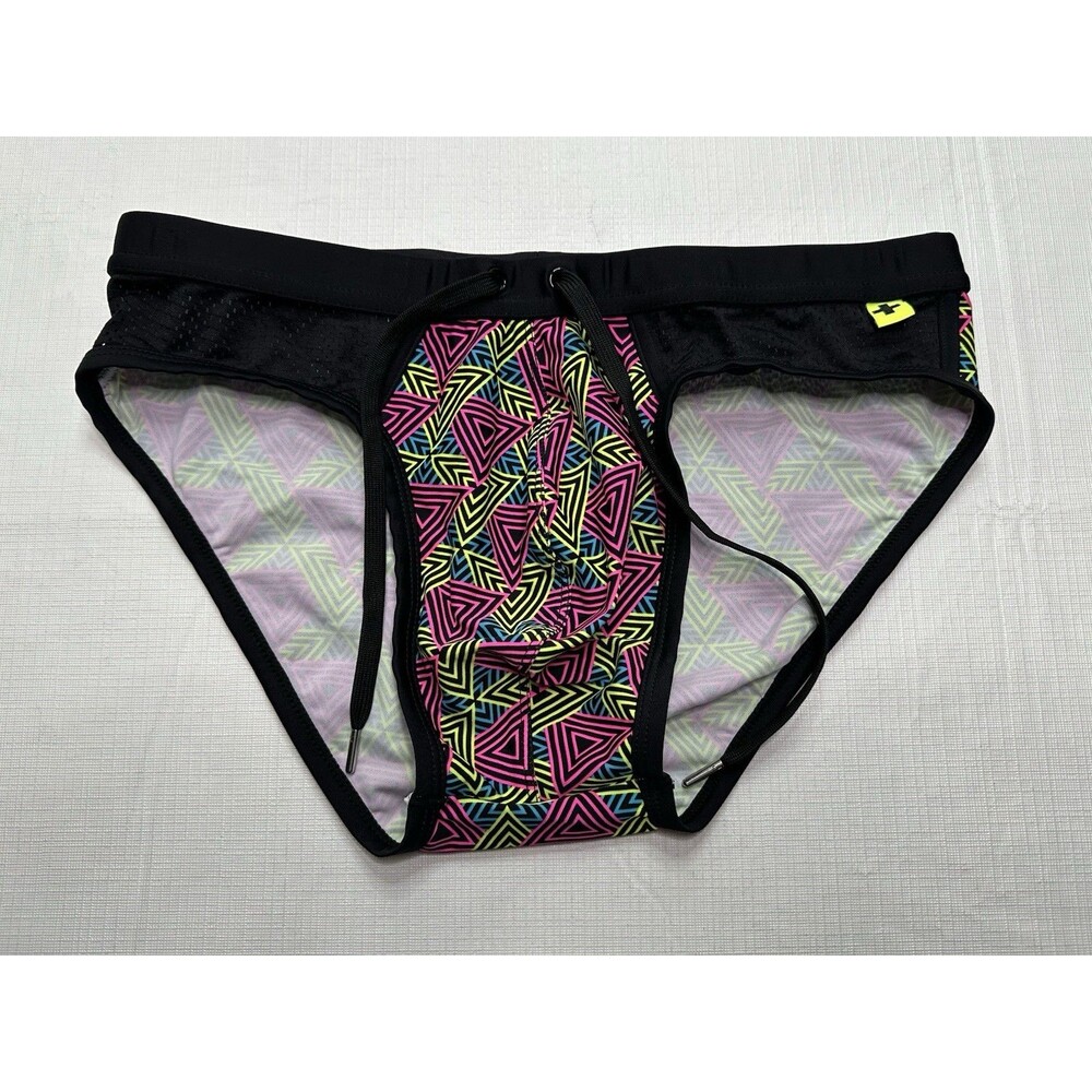 Men's Andrew Christian Neon Triangle Swim Briefs Size Large Black Pink #7845